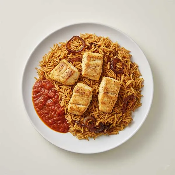 Khaleeji Spiced Fish Pilaf with Caramelized onion & Tomato Daqoos